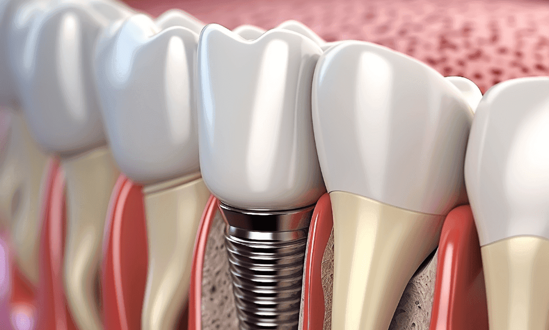 Ilustración de implante dental de titanio integrado en la encía entre dientes naturales, vista anatómica detallada.
