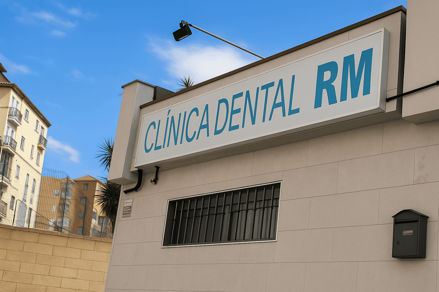 Rótulo exterior de Clínica Dental RM en Montequinto, Dos Hermanas, con letrero visible en fachada bajo cielo azul.